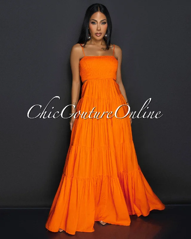 Kiri Orange Smocked Top Cut Out Ruffle Maxi Dress Stylish Maxi Dress with Pleats