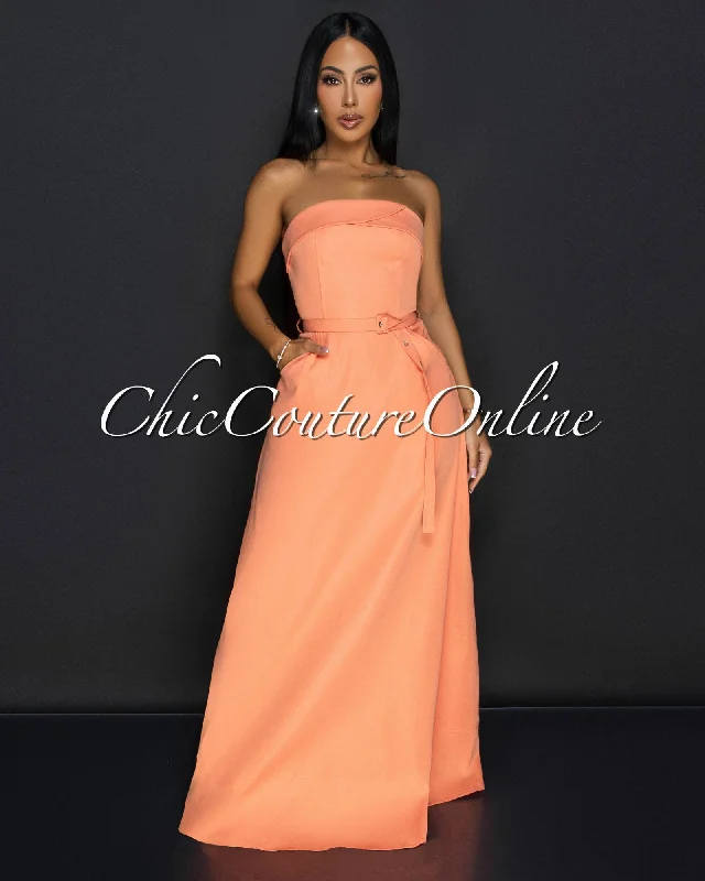 Klana Orange Strapless Belted Cargo Maxi Dress Cozy Ruffle Sleeve Maxi Dress