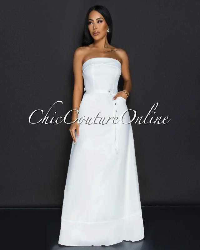 Klana White Strapless Belted Cargo Maxi Dress Stylish V-Neck Maxi Dress