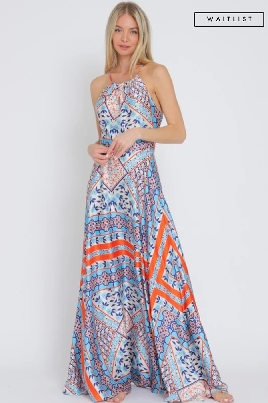 Waitlist 2/5 ♥ Lolisa Sleeveless Halter Cross Back Abstract Print Maxi Dress Blue Trendy Satin Maxi Dress Waitlist 2/5 ♥ Lolisa Sleeveless Halter Cross Back Abstract Print Maxi Dress Blue Trendy Satin Maxi Dress