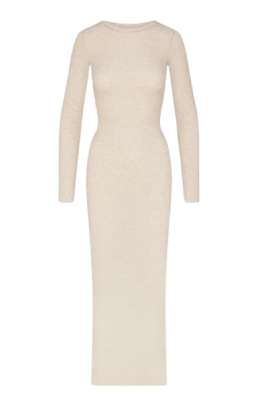 Long Sleeve Crewneck Maxi Dress - Oatmeal Comfortable Cotton Maxi Dress