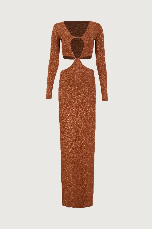 Long Sleeve Cut Out Maxi Dress (Mocha Lurex) Elegant Floral Maxi Dress