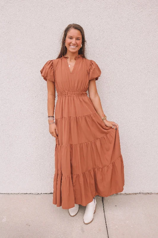 Mckenzy Maxi Dress - Tan Stylish Off-Shoulder Maxi Dress