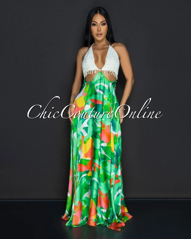 Moa Green Orange Halter Crochet Flared Maxi Dress Comfortable Plunging Neckline Maxi Dress Moa Green Orange Halter Crochet Flared Maxi Dress Comfortable Plunging Neckline Maxi Dress