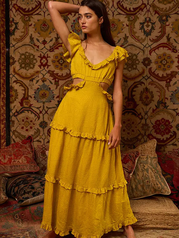 Mustard Cut Out Flutter Maxi Dress Trendy Fit-and-Flare Maxi Dress