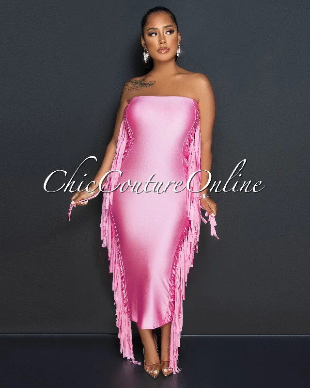 Natisha Pink Tassels Sided Tube Maxi Dress Cozy Cold-Shoulder Maxi Dress