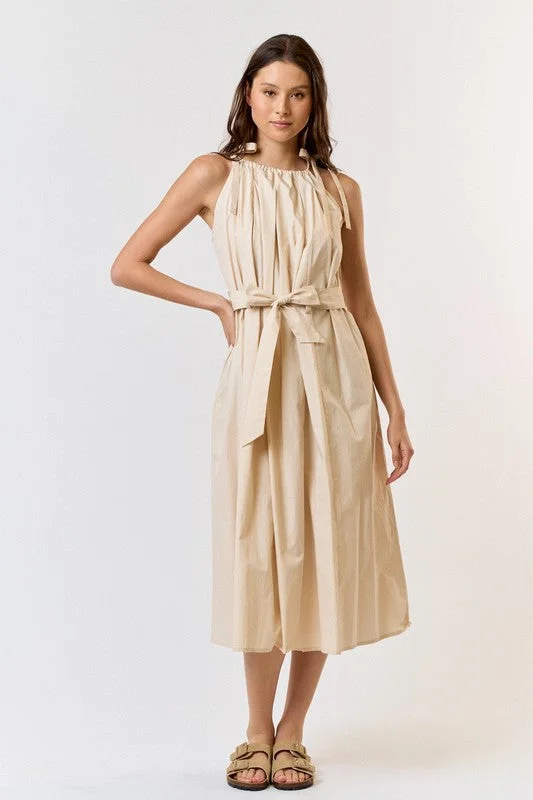 Oatmeal Colored Halter Neck Tie Waist Maxi Dress Cozy Spaghetti Strap Maxi Dress