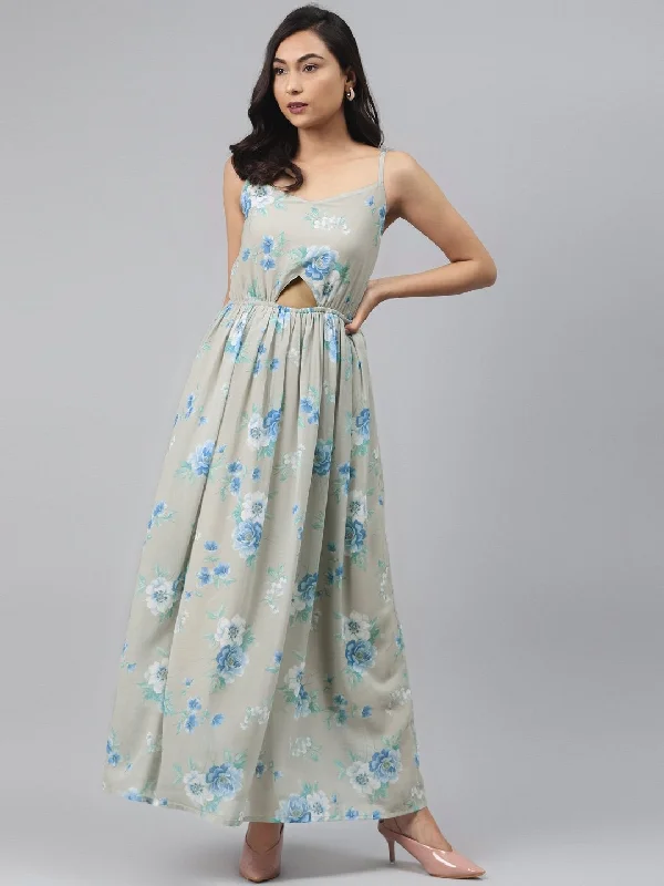 Women's Olive Floral Front Cut Out Maxi Dress - SASSAFRAS Comfortable Pleated Maxi Dress