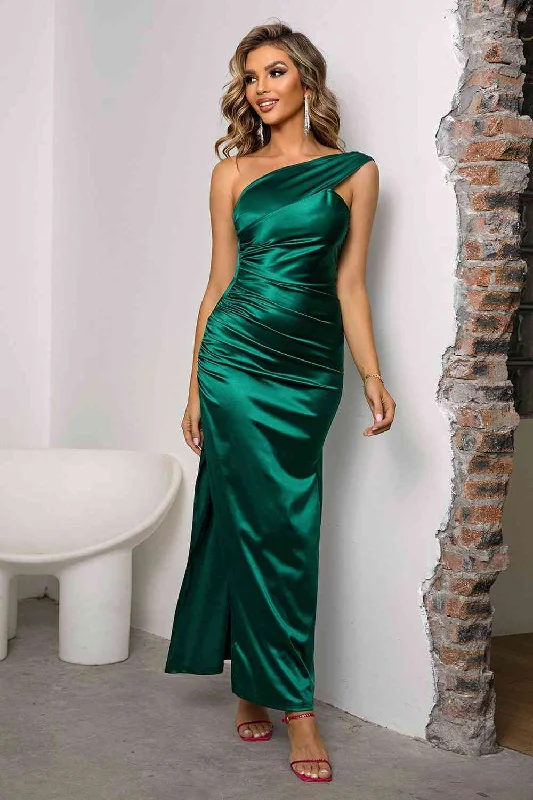 One-Shoulder Ruched Slit Maxi Dress Cozy Maxi Dress with Slit