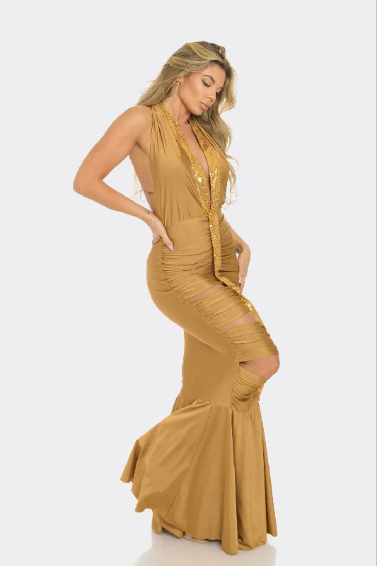 Open Front Sequin Detail Maxi Dress Elegant Maxi Dress with Drapes