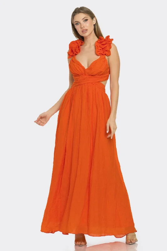 Orange Ruffle Shoulder Maxi Dress Comfortable Long-Sleeve Maxi Dress
