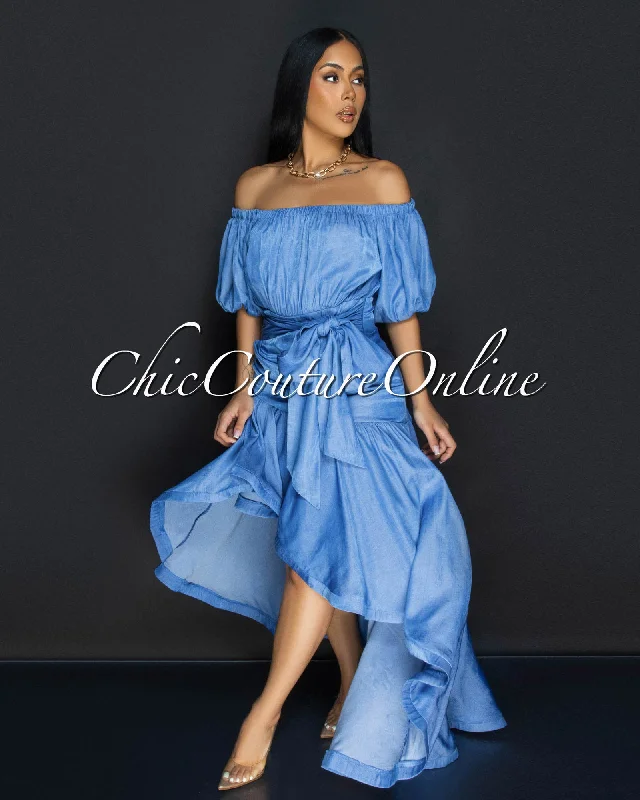 Othalia Denim Stripes Off-The-Shoulder Maxi Dress Classic V-Neck Maxi Dress