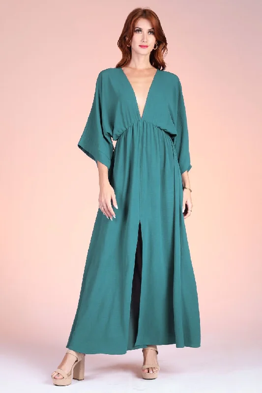 Palisades Deep V Maxi Dress in Hunter Comfortable Maxi Dress with Slits