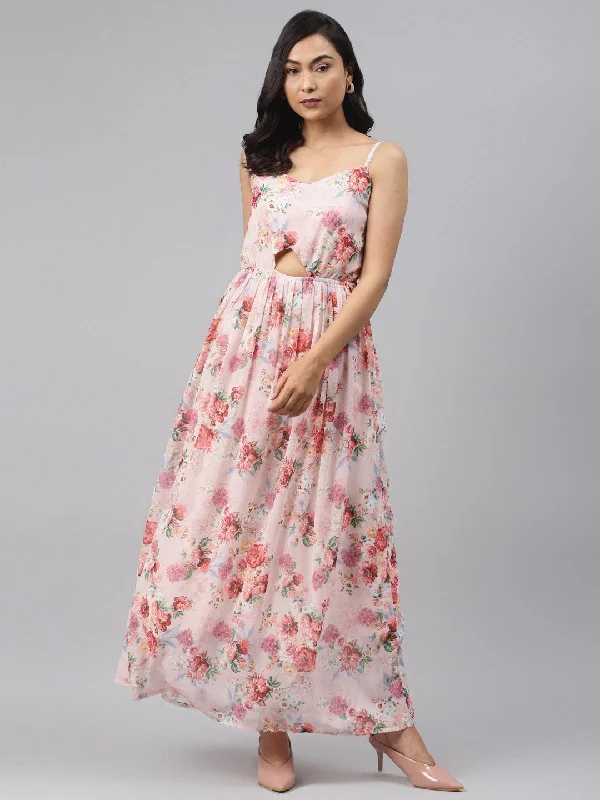 Women's Peach Floral Front Cut Out Maxi Dress - SASSAFRAS Stylish A-Line Maxi Dress