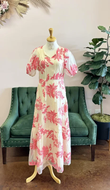 Pink and White Embroidered Short Sleeve Maxi Dress Comfortable Satin Maxi Dress