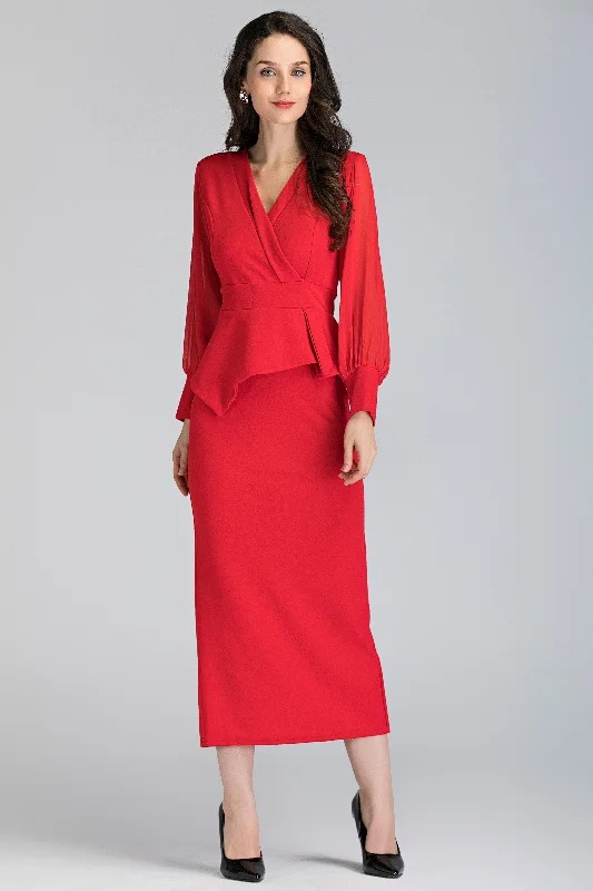 Red Sheer Sleeved Wrap Peplum Maxi Dress Elegant Maxi Dress with Pockets