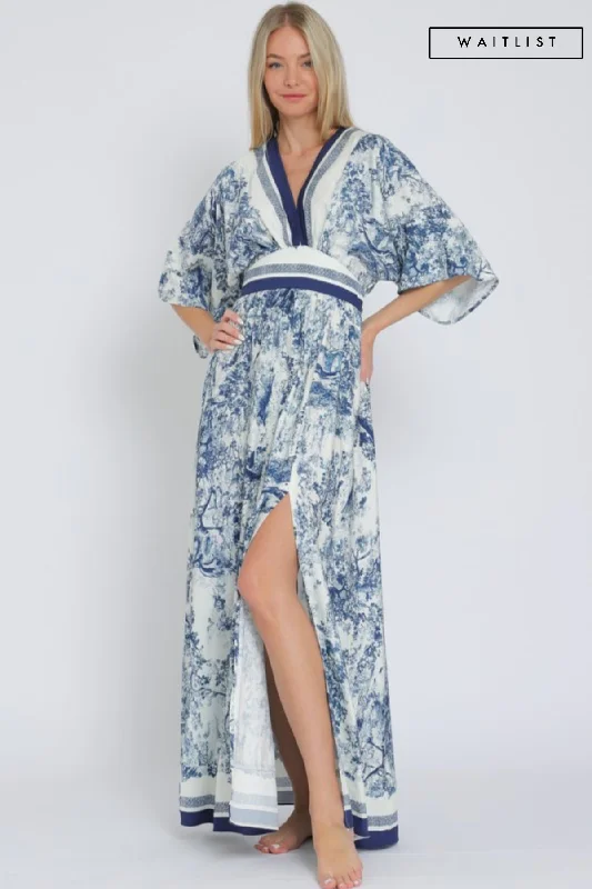 Waitlist 2/5 ♥ Rhiannon Kimono Sleeve Printed Maxi Dress Navy Stylish One-Shoulder Maxi Dress