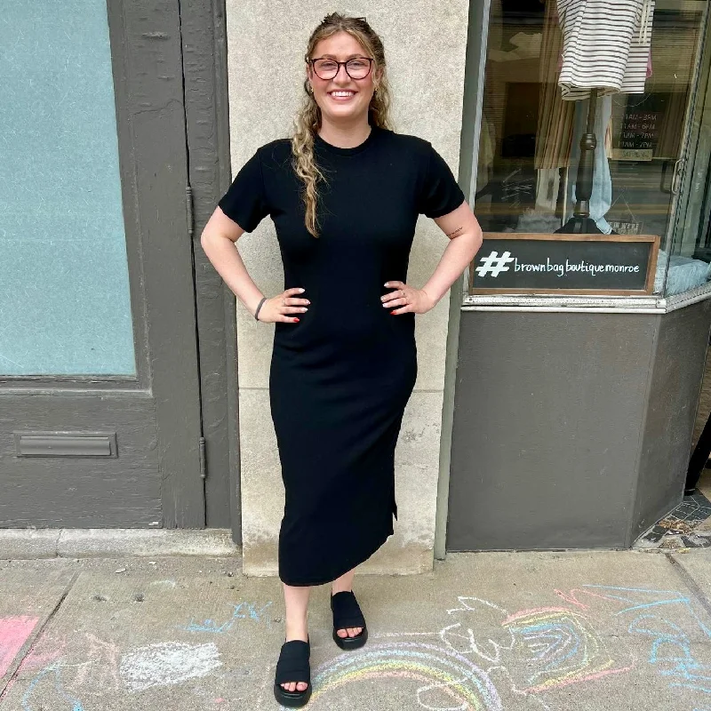 Rib Knit Maxi Dress -  Black Elegant Maxi Dress with Slit