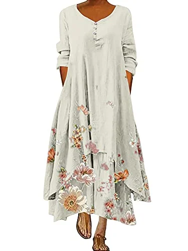 RJJ Womens Cotton-Linen Maxi Dresses Ladies Long Sleeve V Neck Plain Gypsy Plus Size Dress Casual Loose Fit Boho Beach Long Dress Stylish Maxi Dress with Frills
