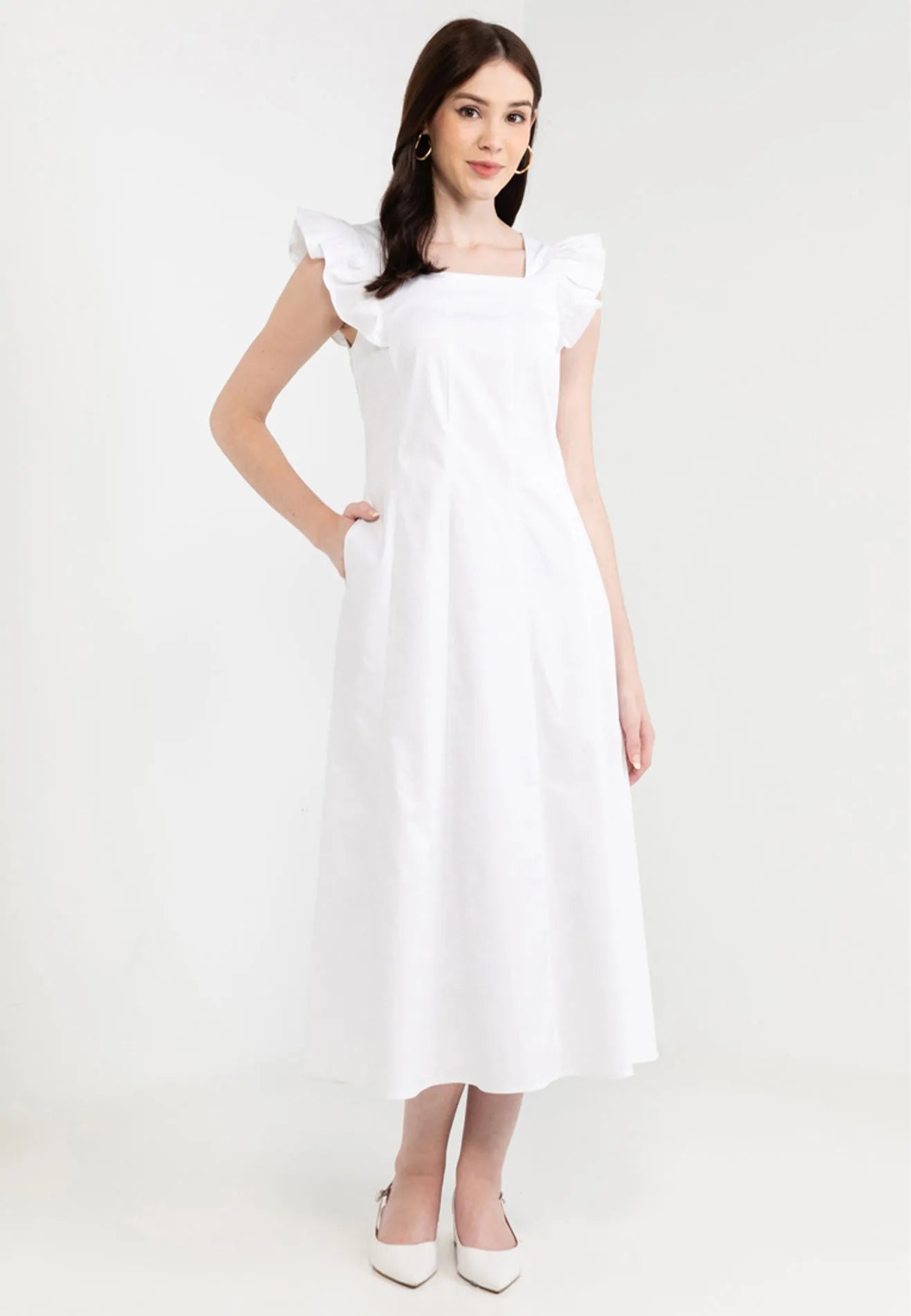 Ruffle Sleeves Front Tie Bow Maxi Dress Casual Maxi Dress with Pockets