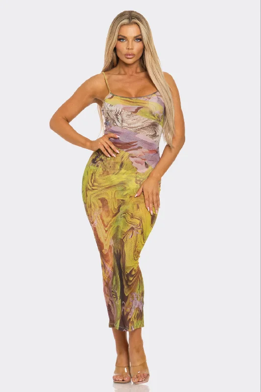 Spaghetti Strap Bodycon Mesh Maxi Dress Stylish Button-Up Maxi Dress