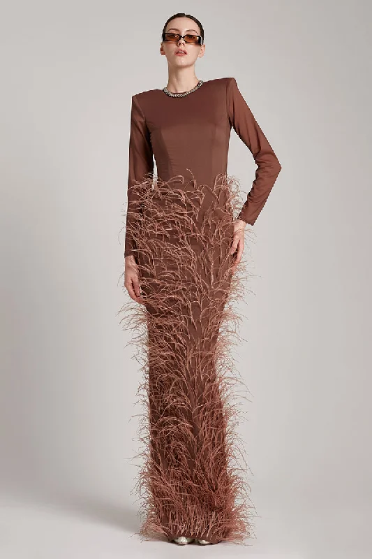 Stretchable Ostrich Feather Embellished Long Sleeve Maxi Dress in Brown Comfortable Fitted Maxi Dress Stretchable Ostrich Feather Embellished Long Sleeve Maxi Dress in Brown Comfortable Fitted Maxi Dress