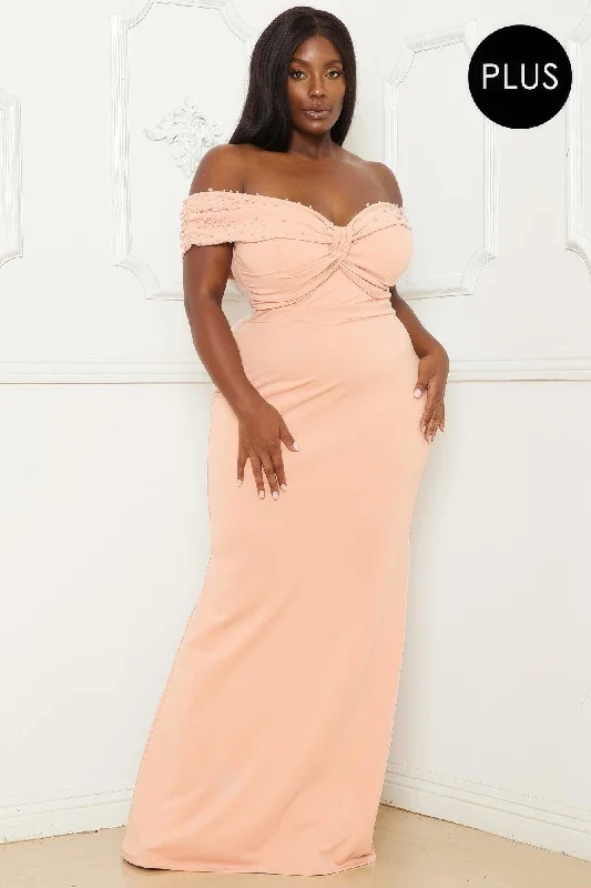 Pearl Bead Off The Shoulder Plus Size Maxi Dress Fashionable Chiffon Tiered Maxi Dress