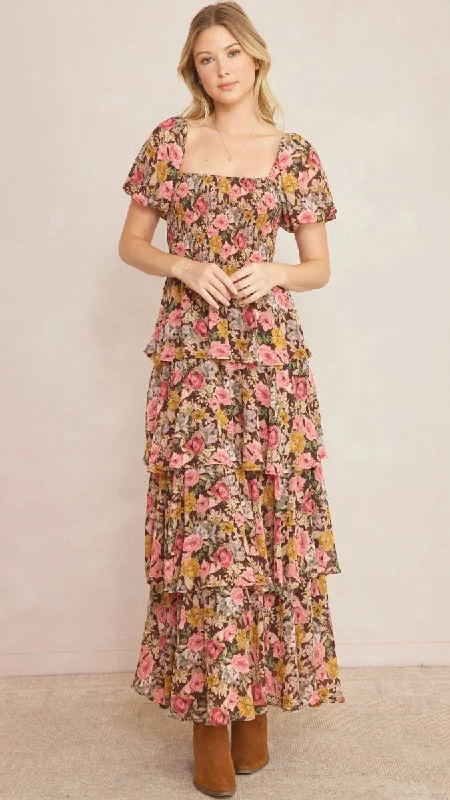 Tiered Ruffle Floral Maxi Dress Elegant Maxi Dress with Slit