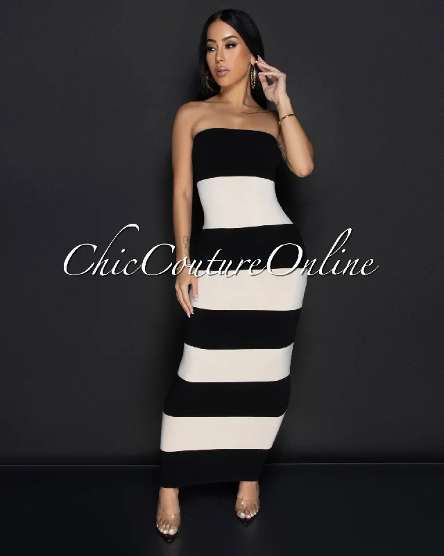 Toshi Black Beige Striped Tube Maxi Dress Stylish Maxi Dress with Frills