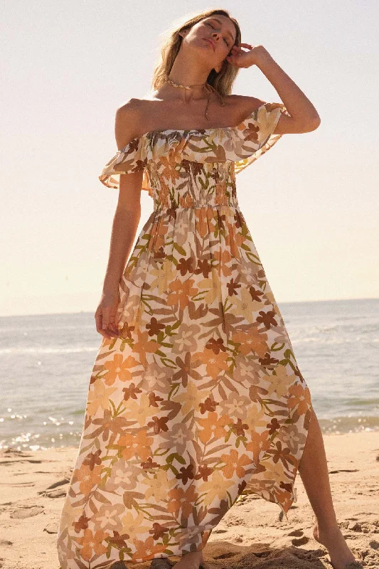 Tropical Blossoms Off-Shoulder Floral Maxi Dress Fashionable Layered Maxi Dress