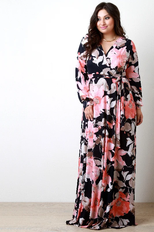Floral Wrap Style Longsleeve Maxi Dress Cozy Knit Maxi Dress