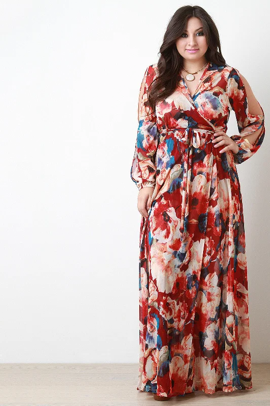 Floral Printed Mesh Slit Sleeve Wrap Maxi Dress Classic Solid Maxi Dress