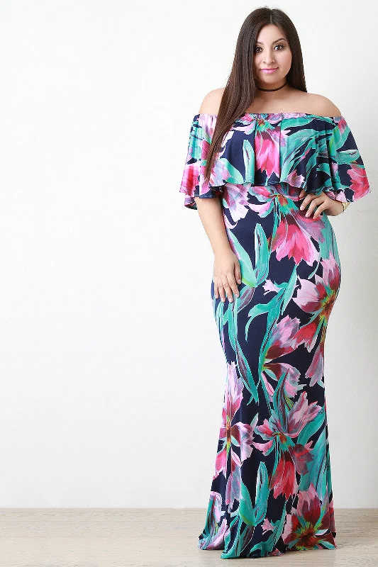 Floral Pattern Bardot Mermaid Maxi Dress Fashionable Button-Down Maxi Dress