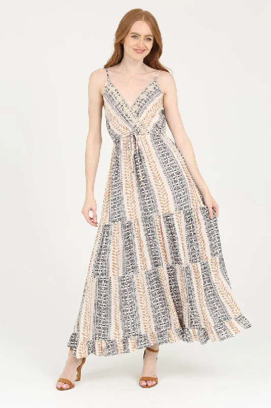 V-Neck Maxi Dress with Embroidery Trendy Fit-and-Flare Maxi Dress
