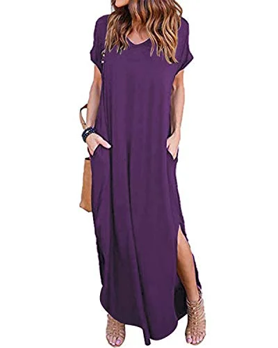 VONDA Summer Dresses for Women V Neck Beach Dress Bohemian Side Slit Maxi Dress with Pockets Classic Black Maxi Dress VONDA Summer Dresses for Women V Neck Beach Dress Bohemian Side Slit Maxi Dress with Pockets Classic Black Maxi Dress