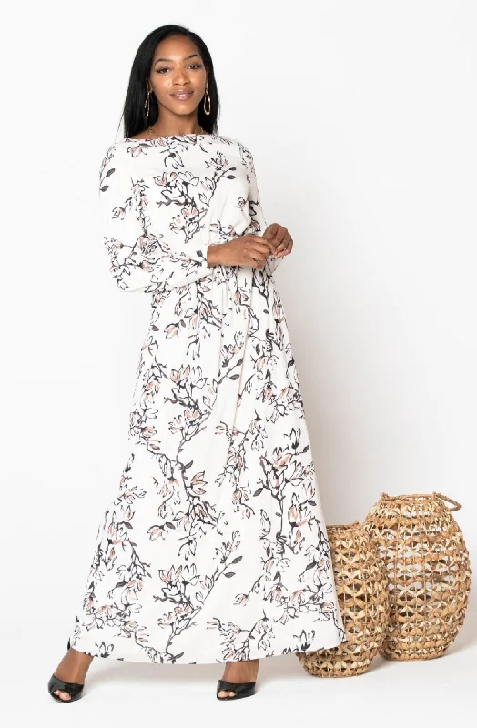 White Enchanted Floral Watercolor Drawstring Maxi Dress-CLEARANCE Elegant Floral Maxi Dress