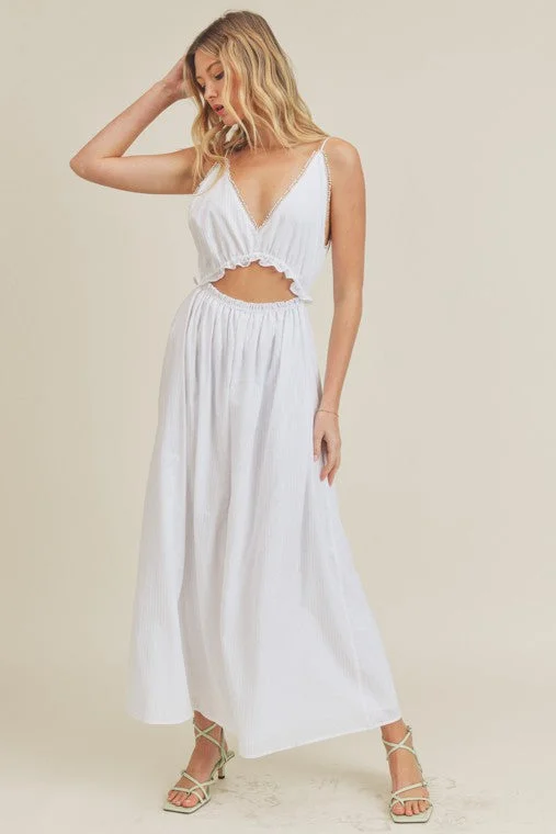 White Waist Tie Maxi Dress Comfortable Satin Maxi Dress