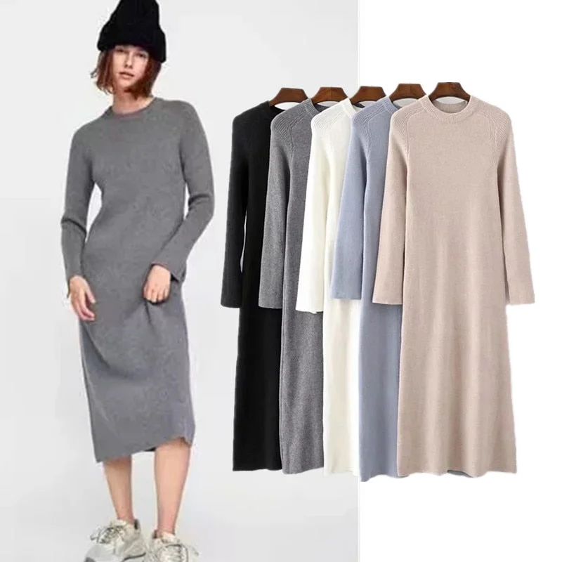 winter knitting dress women england simple style solid o-neck sheath vestidos vestidos de fiesta de noche maxi dress Stylish Boho Chic Maxi Dress