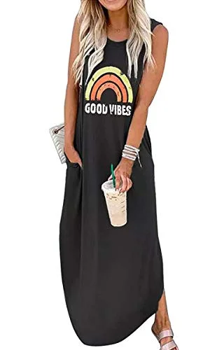Ykomow Spring Summer Good Vibes Rainbow Maxi Dress Womens Sleeveless Graphic Beach T Shirt Dresses Comfortable Cotton Maxi Dress Ykomow Spring Summer Good Vibes Rainbow Maxi Dress Womens Sleeveless Graphic Beach T Shirt Dresses Comfortable Cotton Maxi Dress