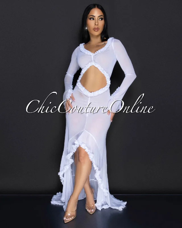 Zala White Sheer Ruffle Cover Up Maxi Dress Cozy Knit Maxi Dress