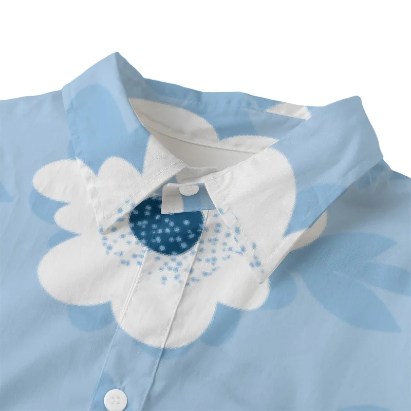 Flower Blue (AOP) Women's Long Shirt Graphic Embroidered Appliqued