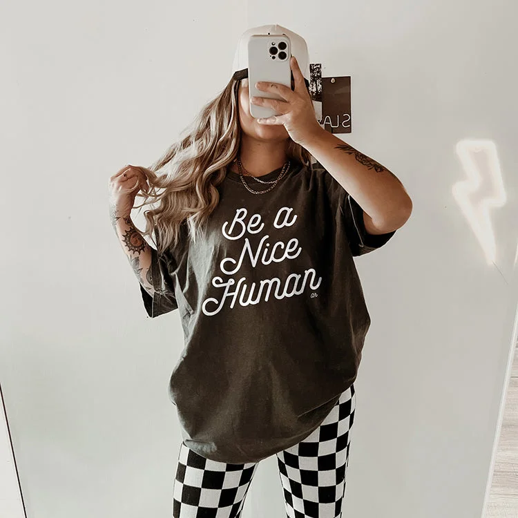 Be A Nice Human Retro Heavyweight Tee Cotton Fabric Linen Fabric Terry Fabric