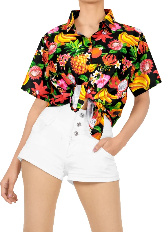 Black Allover Fruits and Flower Printed Casual Shirt For Women Front Pockets Side Pockets Patch Pockets Black Allover Fruits and Flower Printed Casual Shirt For Women Front Pockets Side Pockets Patch Pockets