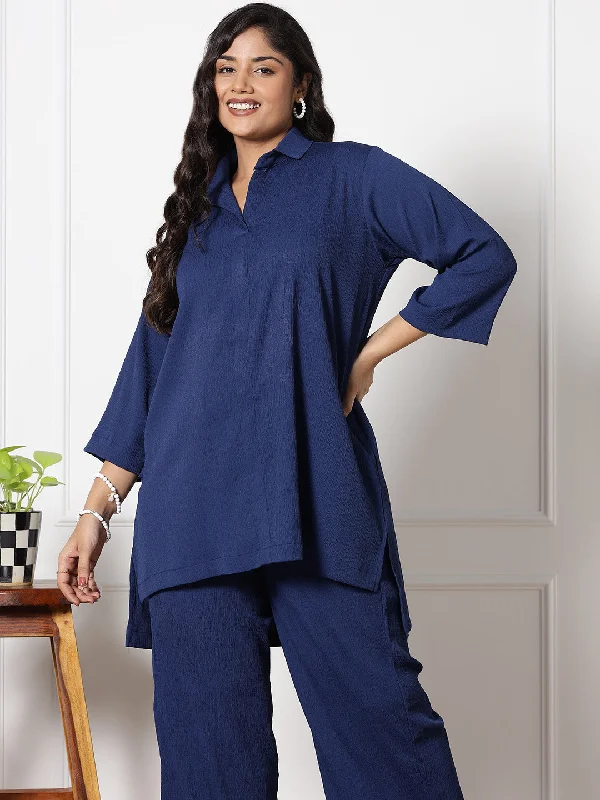 Navy Textured ShirtTop Welt Pockets Slit Pockets Flap Pockets