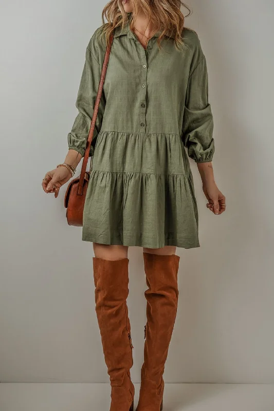 Blue Zone Planet | Tiered Collared Neck Balloon Sleeve Shirt Dress Zippered Buttoned Snapped Blue Zone Planet | Tiered Collared Neck Balloon Sleeve Shirt Dress Zippered Buttoned Snapped