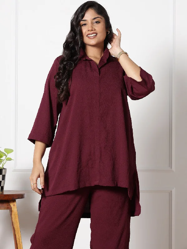 Burgundy Textured ShirtTop Fitted T-Shirt Seamless Stretchy