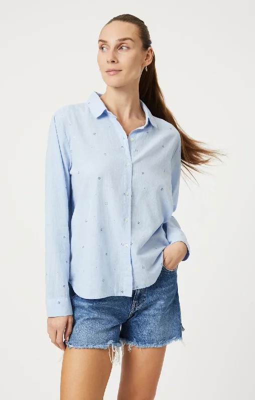 BUTTON-UP LONG SLEEVE SHIRT IN NAVY FLOWER DOT PRINT Zippered Front Buttoned Front Snap Front BUTTON-UP LONG SLEEVE SHIRT IN NAVY FLOWER DOT PRINT Zippered Front Buttoned Front Snap Front
