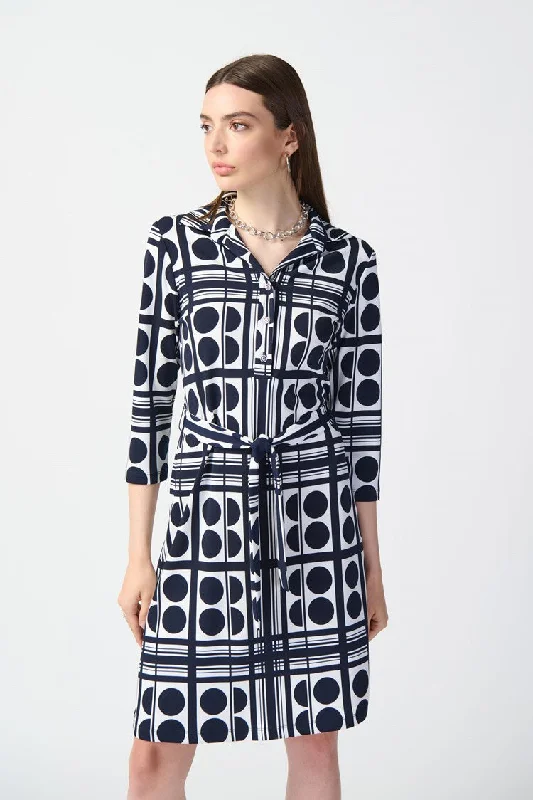 Dot Print Silky Knit Belted Shirt Dress Modern Contemporary Chic