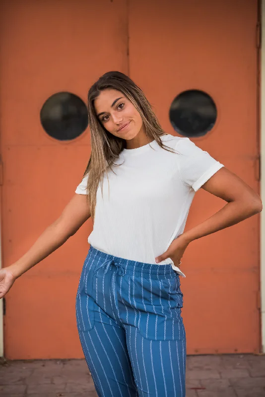 DT Alyssa Rib Knit Split Hem Tee in White Rayon Velvet Corduroy