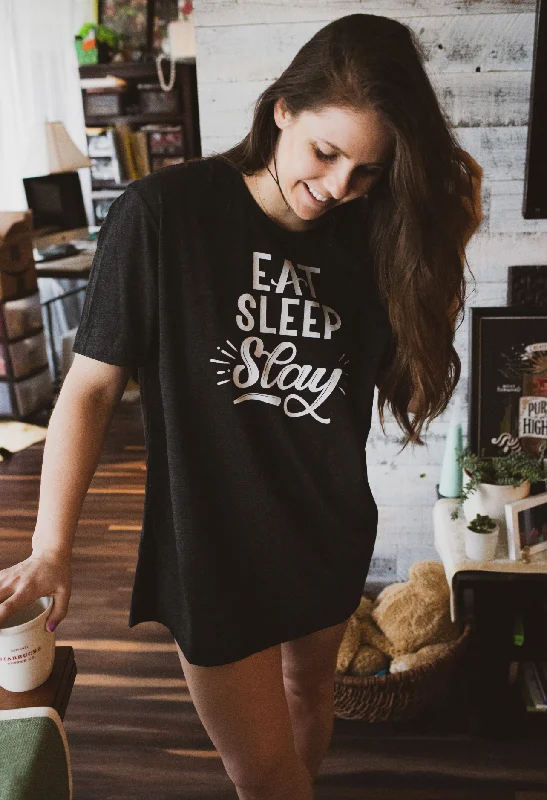 Eat Sleep Slay T-Shirt Notch Collar Peter Pan Collar Cowl Neck